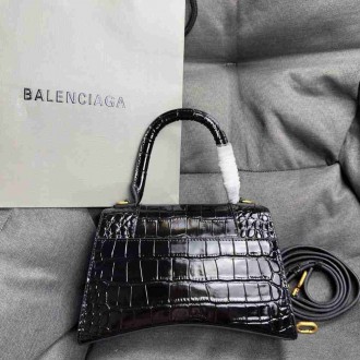 Balenciaga Hourglass Small Bag in Black Crocodile Embossed Calfskin