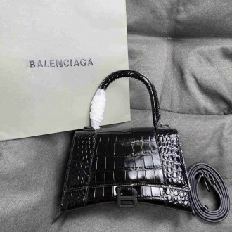 Balenciaga Hourglass Small Bag in Noir Crocodile Embossed Calfskin