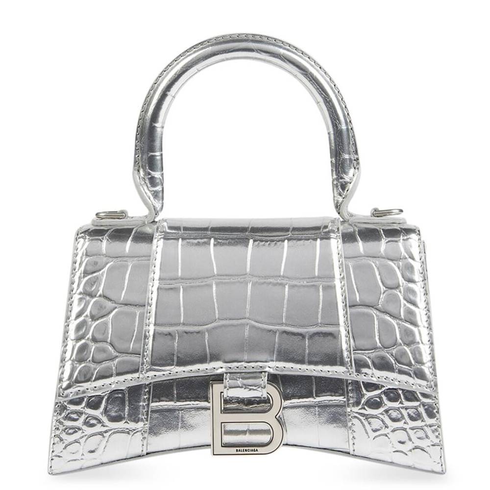 Balenciaga Hourglass XS Bag in Silver Crocodile Embossed Calfskin
