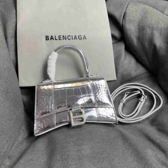 Balenciaga Hourglass XS Bag in Silver Crocodile Embossed Calfskin