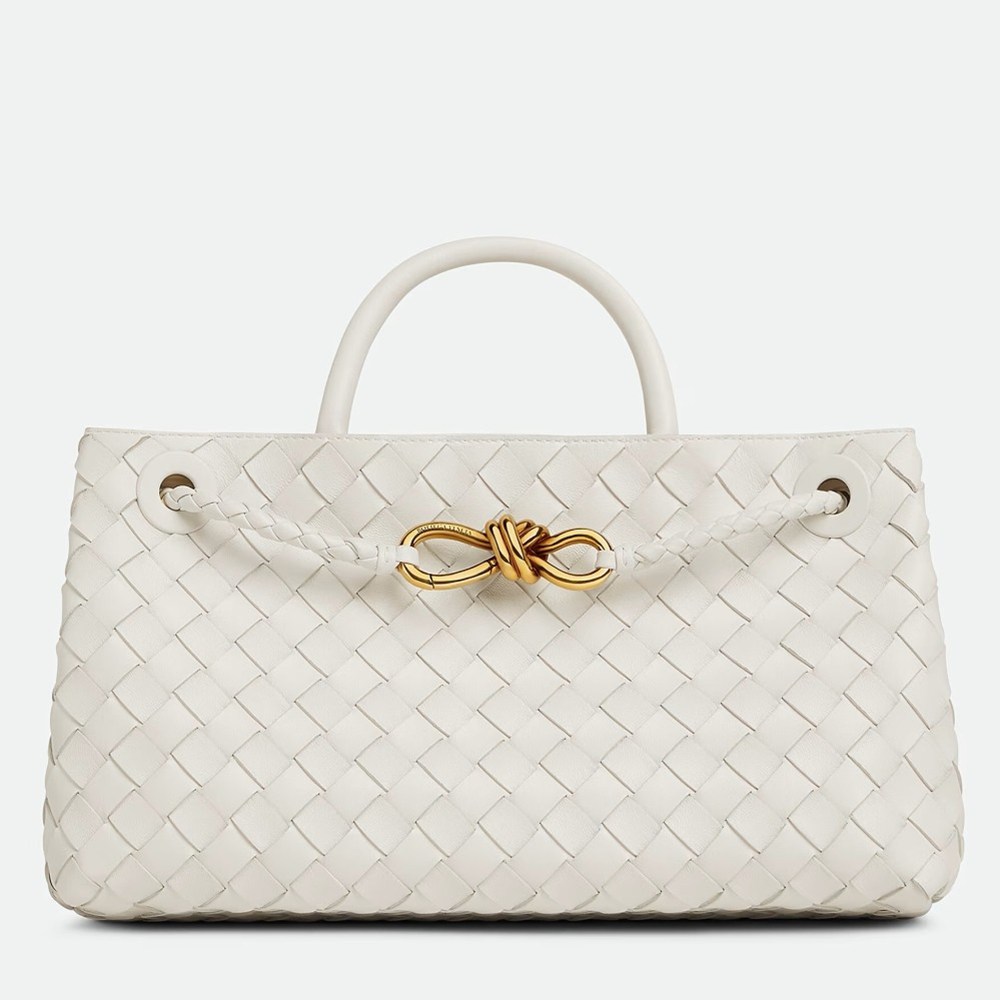 Bottega Veneta Andiamo Small East West Bag in White Intrecciato Lambskin