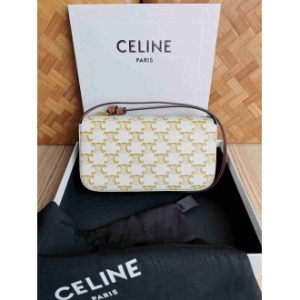 Celine Claude Shoulder Bag in White Triomphe Canvas