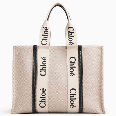 Chloe Large Woody Tote Bag in Canvas with Blue Leather Strips