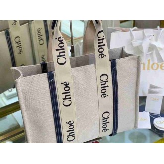 Chloe Large Woody Tote Bag in Canvas with Blue Leather Strips