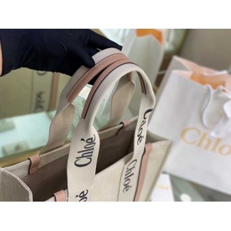 Chloe Medium Woody Tote Bag in Canvas with Beige Leather Strips