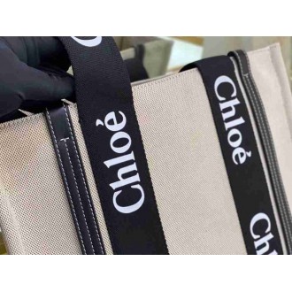 Chloe Medium Woody Tote Bag in Canvas with Black Leather Strips