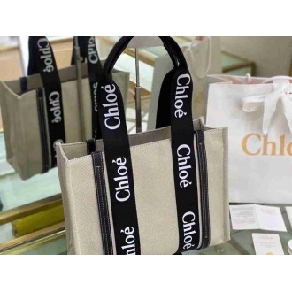 Chloe Medium Woody Tote Bag in Canvas with Black Leather Strips