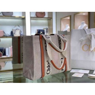 Chloe Medium Woody Tote Bag in Canvas with Tan Leather Strips