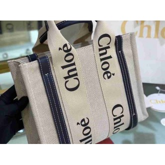Chloe Small Woody Tote Bag in Canvas with Blue Leather Strips