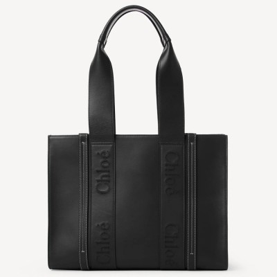 Chloe Woody Medium Tote Bag In Black Calfskin