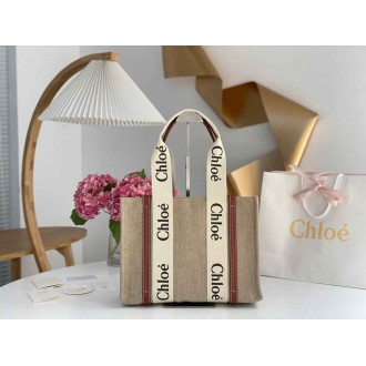 Chloe Woody Medium Tote Bag in Linen Canvas with Brown Leather