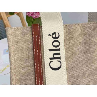 Chloe Woody Medium Tote Bag in Linen Canvas with Brown Leather