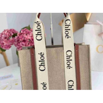 Chloe Woody Medium Tote Bag in Linen Canvas with Brown Leather