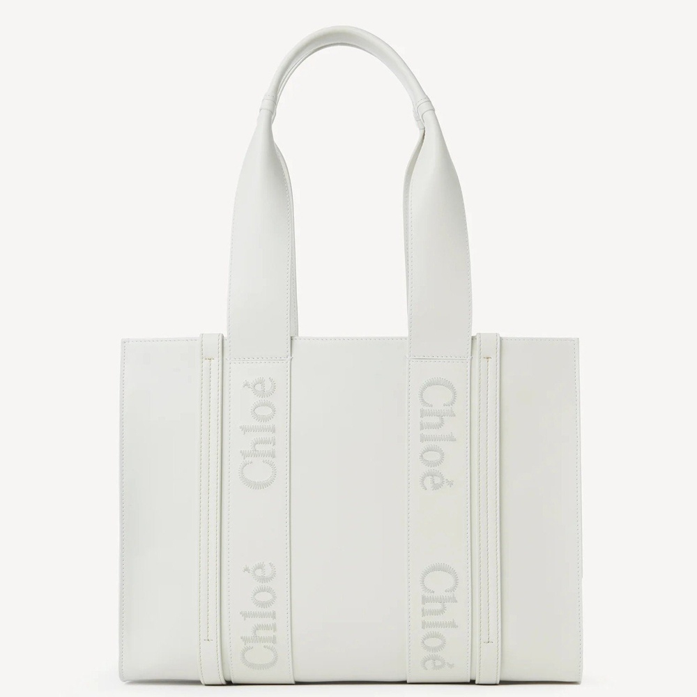 Chloe Woody Medium Tote Bag In White Calfskin