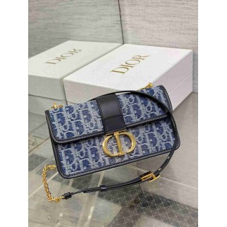 Dior 30 Montaigne East-West Bag with Chain in Blue Denim Oblique Jacquard