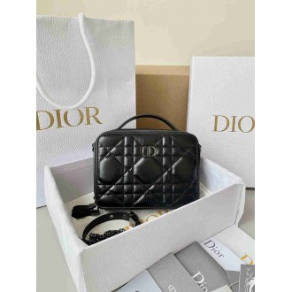 Dior Caro Box Bag with Chain in Black Macrocannage Calfskin