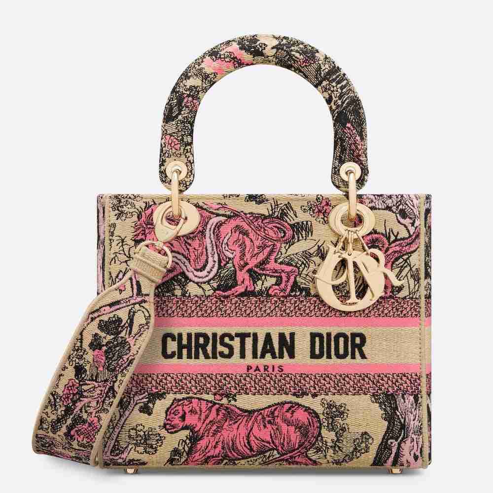 Dior Dioriviera Lady D-Lite Medium Bag in Raffia with Pink Toile de Jouy Sauvage Embroidery