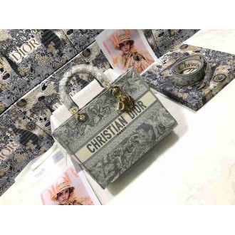 Dior Lady D-Lite Large Bag In Gray Toile de Jouy Reverse Embroidery