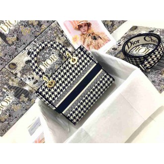 Dior Lady D-Lite Medium Bag In Black &amp; White Houndstooth Embroidery