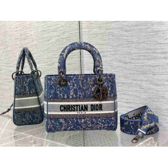 Dior Lady D-Lite Medium Bag In Blue Brocart Denim-Effect Embroidery