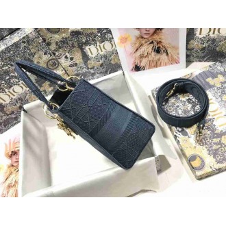 Dior Lady D-Lite Medium Bag In Blue Cannage Embroidered Canvas