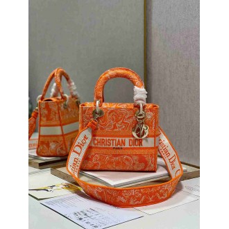 Dior Lady D-Lite Medium Bag In Fluorescent Orange Toile de Jouy Reverse Embroidery