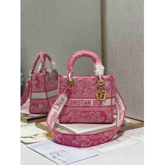 Dior Lady D-Lite Medium Bag In Fluorescent Pink Toile de Jouy Reverse Embroidery