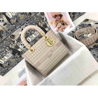 Dior Lady D-Lite Medium Bag In Pink &amp; White Houndstooth Embroidery