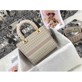 Dior Lady D-Lite Medium Bag In Pink &amp; White Houndstooth Embroidery