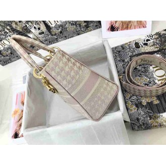 Dior Lady D-Lite Medium Bag In Pink &amp; White Houndstooth Embroidery