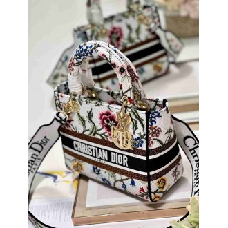 Dior Lady D-Lite Medium Bag In White Dior Petites Fleurs Embroidery