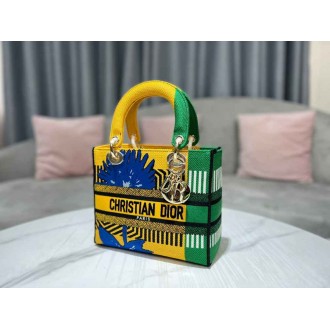 Dior Lady D-Lite Medium Bag In Yellow &amp; Green D-Flower Pop Embroidery