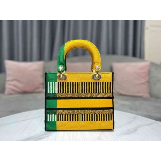 Dior Lady D-Lite Medium Bag In Yellow &amp; Green D-Flower Pop Embroidery