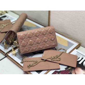 Dior Lady Dior Chain Pouch In Blush Patent Cannage Calfskin