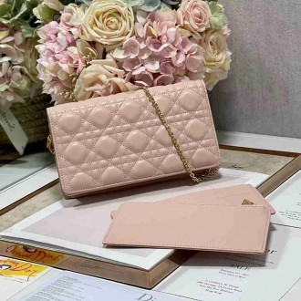 Dior Lady Dior Chain Pouch In Pink Cannage Lambskin
