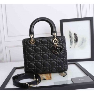 Dior Lady Dior Medium Bag in Black Lambskin with Enamel Charm