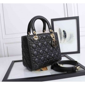 Dior Lady Dior Medium Bag in Black Lambskin with Enamel Charm