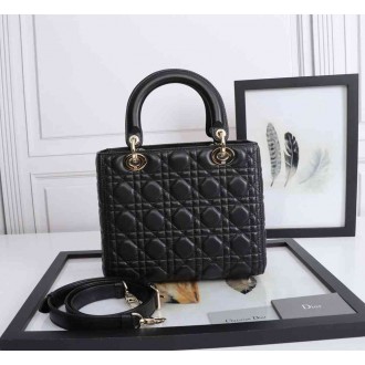 Dior Lady Dior Medium Bag in Black Lambskin with Enamel Charm