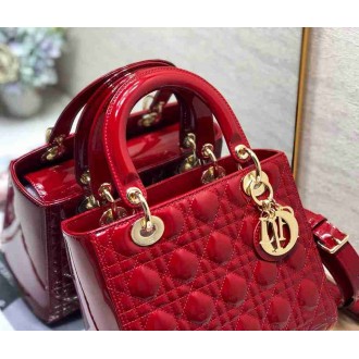 Dior Lady Dior Medium Bag In Red Patent Cannage Calfskin
