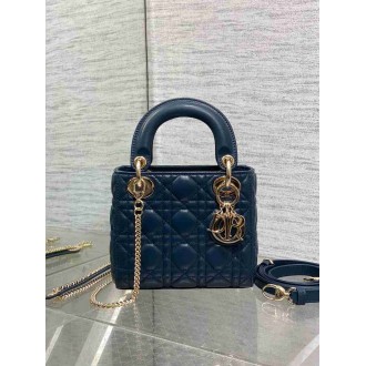 Dior Lady Dior Mini Bag with Chain in Navy Blue Cannage Lambskin