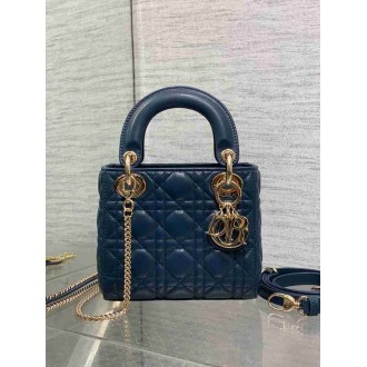 Dior Lady Dior Mini Bag with Chain in Navy Blue Cannage Lambskin
