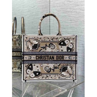 Dior Large Book Tote Bag in Beige Butterfly Bandana Embroidery