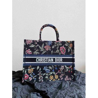 Dior Large Book Tote Bag In Black Dior Petites Fleurs Embroidery