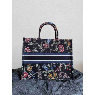 Dior Large Book Tote Bag In Black Dior Petites Fleurs Embroidery