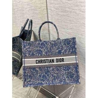 Dior Large Book Tote Bag In Blue Brocart Denim-Effect Embroidery