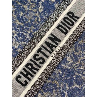 Dior Large Book Tote Bag In Blue Brocart Denim-Effect Embroidery