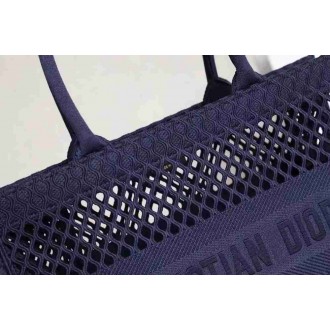 Dior Large Book Tote Bag In Blue Mesh Embroidery