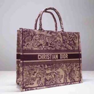 Dior Large Book Tote Bag In Bordeaux Toile de Jouy Embroidery