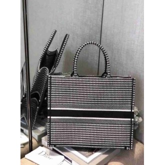 Dior Large Book Tote Bag In Houndstooth Embroidered Canvas