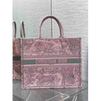 Dior Large Book Tote Bag in Pink and Gray Toile de Jouy Sauvage Embroidery